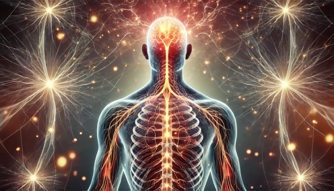 A glowing human nervous system with illuminated pathways of energy, symbolizing the effects of Rhodiola Rosea in reducing cortisol and enhancing adrenal health.