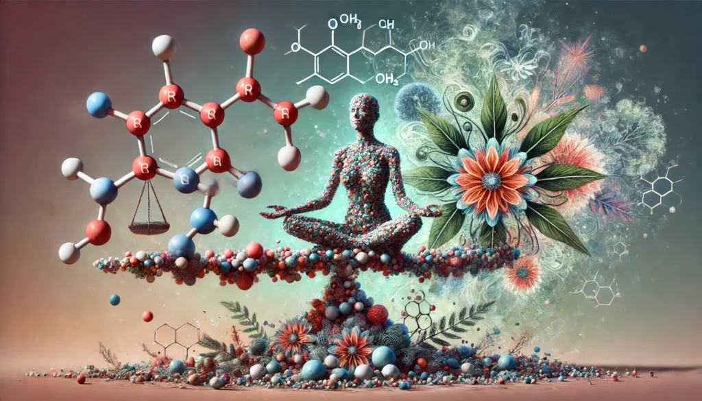 An artistic representation of cortisol molecules harmonized by natural elements, visually illustrating Rhodiola Rosea’s role in balancing stress hormones.