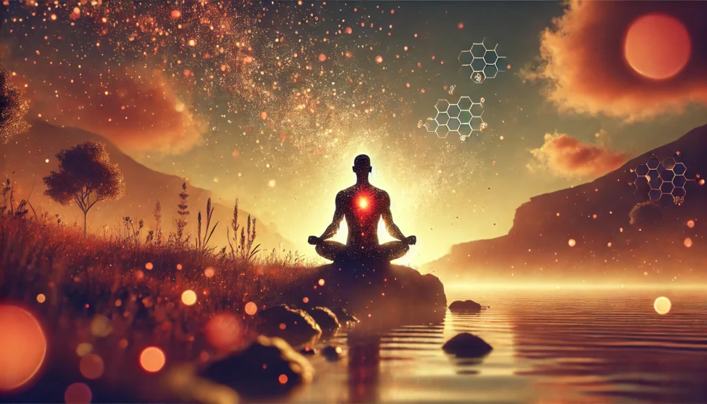 A tranquil scene of a meditating human silhouette at sunset, surrounded by glowing light particles, representing stress relief and adrenal balance influenced by Rhodiola Rosea.