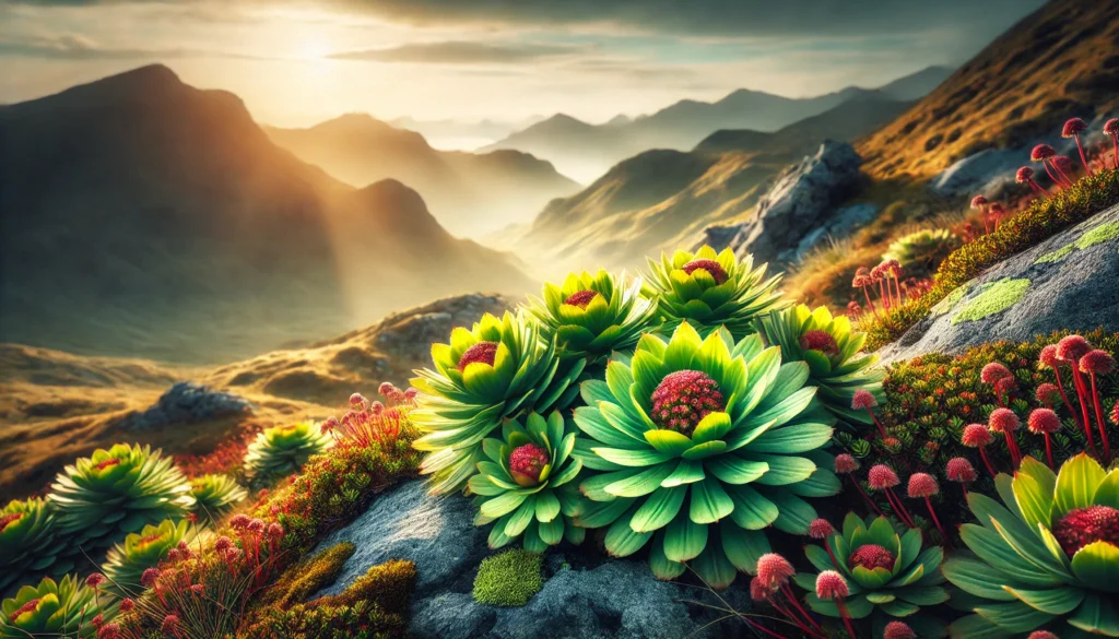 A vibrant depiction of Rhodiola Rosea plants growing in a rugged, mountainous landscape, illuminated by soft morning light, symbolizing resilience and natural healing.