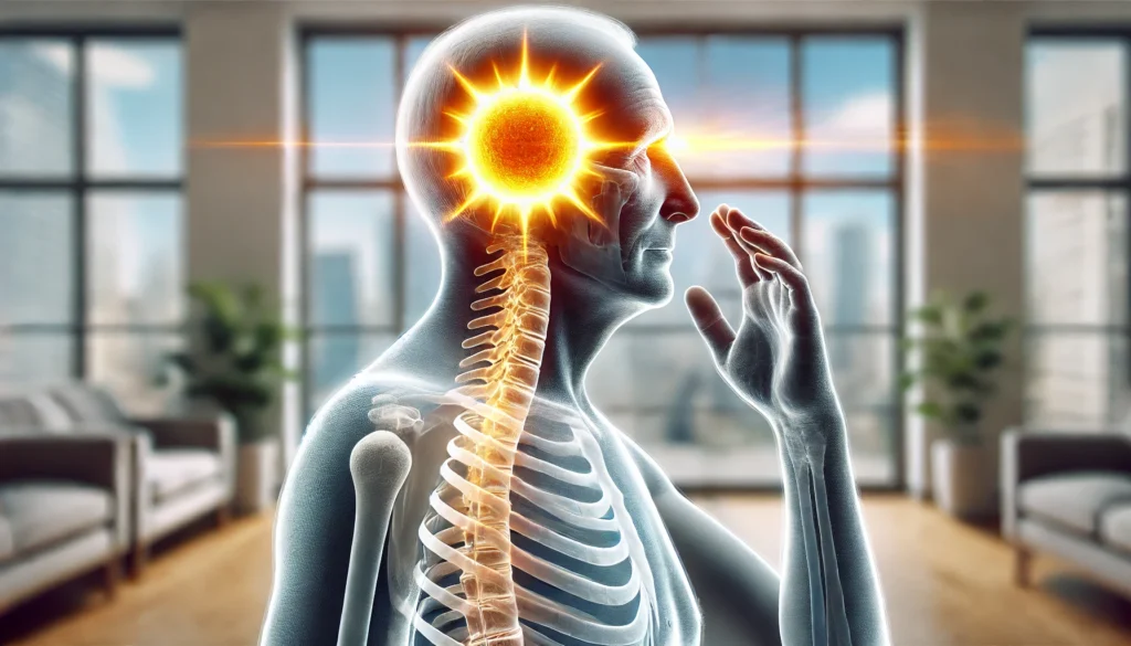 An elderly person with diminishing vitamin D synthesis, symbolizing the impact of aging and reduced sun exposure on vitamin D levels.