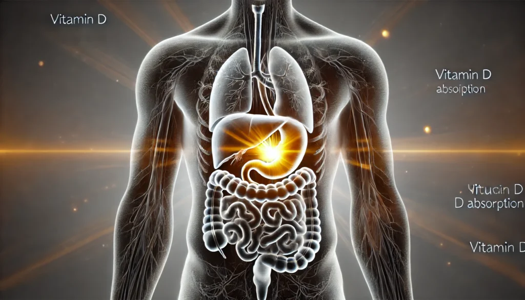 A human silhouette with highlighted digestive organs, symbolizing impaired vitamin D absorption due to gastrointestinal and liver disorders.