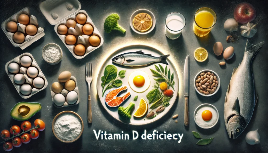 A dinner plate missing vitamin D-rich foods, visually representing dietary insufficiency as a cause of vitamin D deficiency.