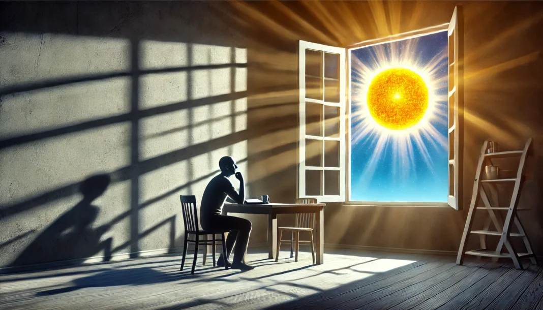 A person indoors looking out at the bright sun, symbolizing vitamin D deficiency due to limited sunlight exposure.