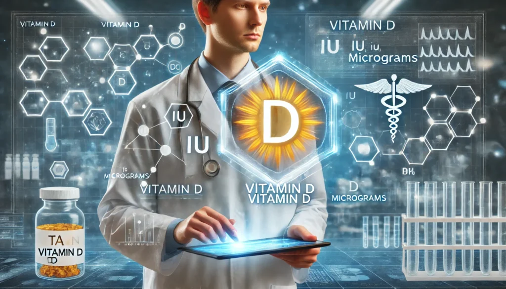 A conceptual image of a nutritionist analyzing vitamin D dosage with a futuristic digital tablet, symbolizing the conversion from IU to micrograms, with a clinical research setting and holographic medical data projections in the background.