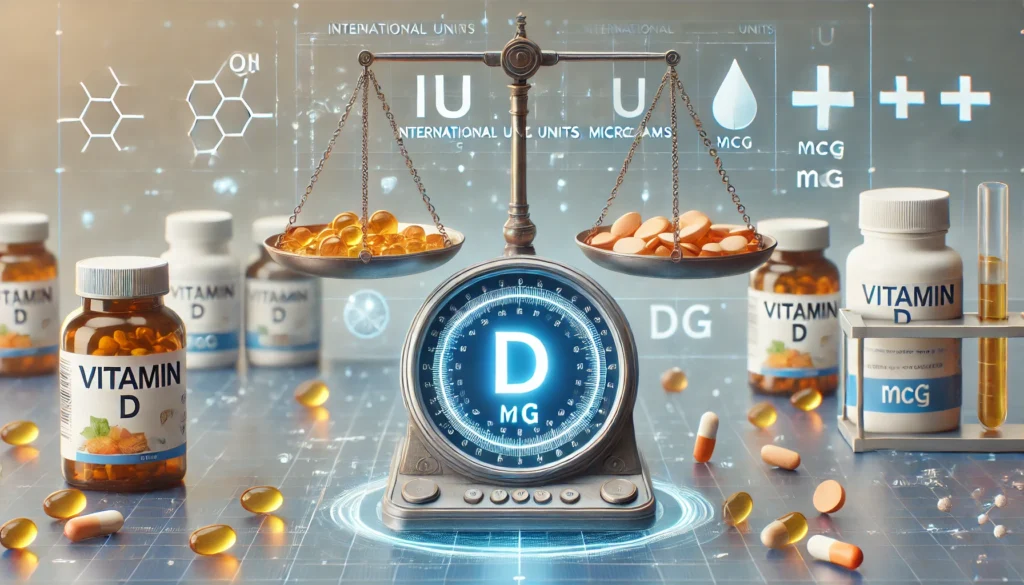 A high-tech medical visualization of a digital scale balancing vitamin D supplements, symbolizing the precise conversion between International Units (IU) and micrograms (mcg), set in a futuristic health and wellness environment.
