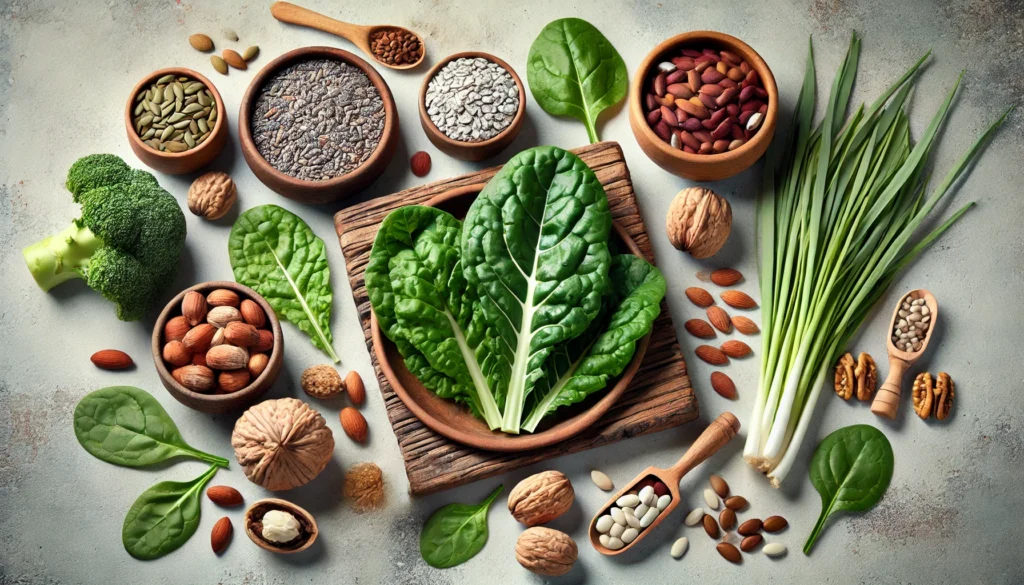 A wellness-focused image showcasing natural sources of magnesium, including leafy greens, nuts, seeds, and whole grains, arranged in an aesthetically pleasing composition. The scene emphasizes a balanced diet and natural mineral intake.