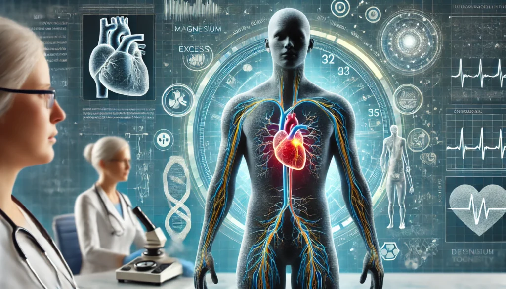 A medical-themed image depicting the symptoms of magnesium toxicity, with a human silhouette showing highlighted areas affected by excess magnesium, such as the nervous system, muscles, and heart. The background features a clinical diagnostic setting with a futuristic touch.
