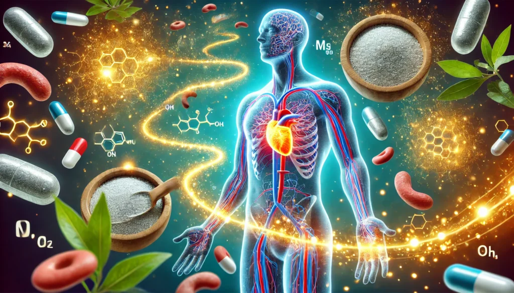 A conceptual image illustrating the absorption of magnesium in the human body, with glowing energy pathways flowing from magnesium-rich foods and supplements to the bloodstream. The scene has a vibrant health and wellness theme with a biological perspective.