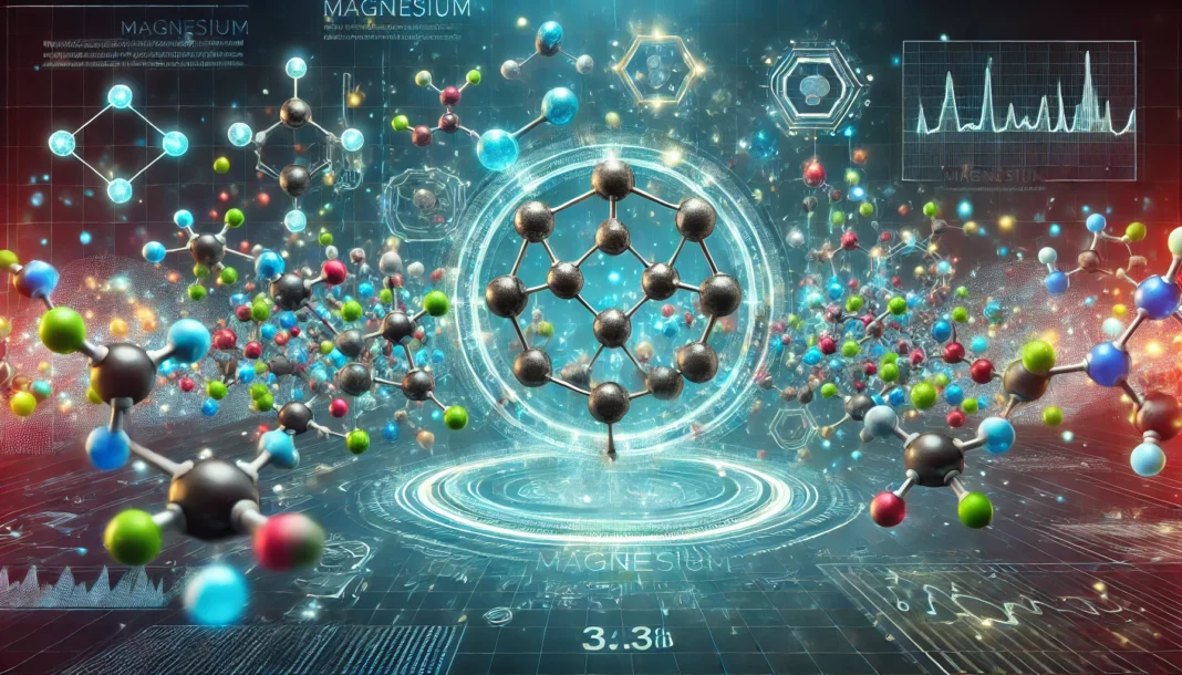 A scientific visualization of various magnesium compounds in molecular form, each glowing in distinct colors to represent different absorption rates. The background features a futuristic medical theme with a high-tech, digital aesthetic.