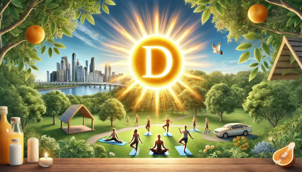 A natural and holistic representation of vitamin D uptake, showing a peaceful park setting with individuals engaging in outdoor activities like yoga and walking, bathed in soft golden sunlight that symbolizes vitamin D absorption.