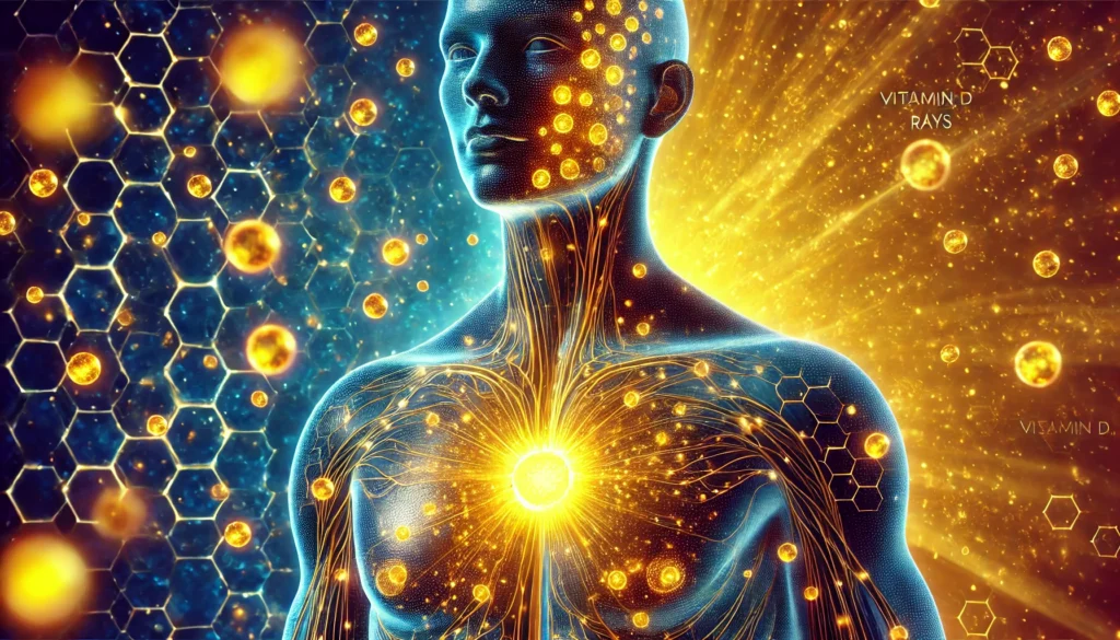 A futuristic depiction of the relationship between sunlight and vitamin D synthesis, featuring a digital-style human body with highlighted skin cells absorbing UVB rays, represented as golden light particles against a deep blue and radiant yellow background.
