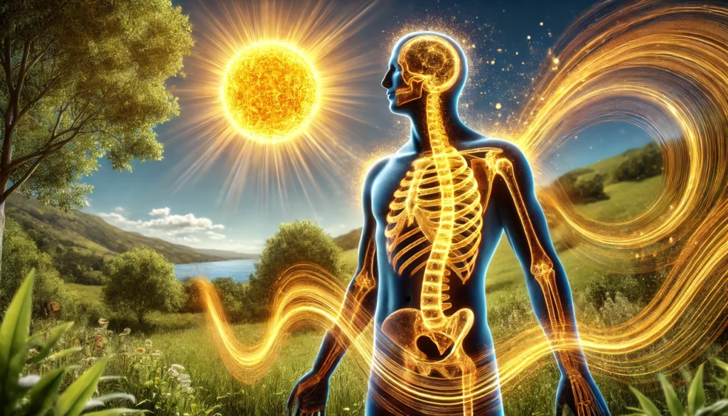 A conceptual visualization of vitamin D absorption, showing a human silhouette with a glowing skeletal structure as golden sun rays penetrate the skin, illustrating the process of vitamin D synthesis in a natural outdoor setting.