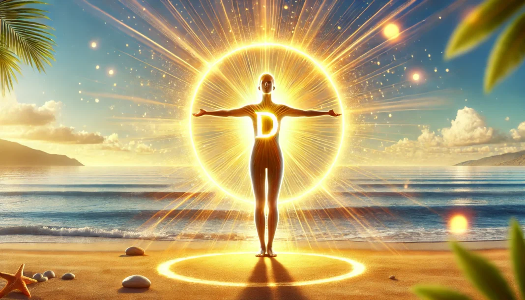 A serene depiction of sun exposure for vitamin D synthesis, featuring a person standing on a sunny beach with arms outstretched, basking in golden sunlight, symbolizing vitamin D absorption.