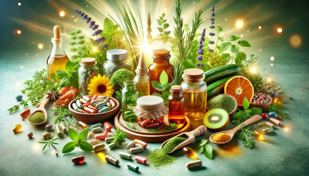A vibrant display of natural supplements, including fresh herbs, capsules, powders, and oils, surrounded by soft glowing light, symbolizing health, wellness, and vitality.
