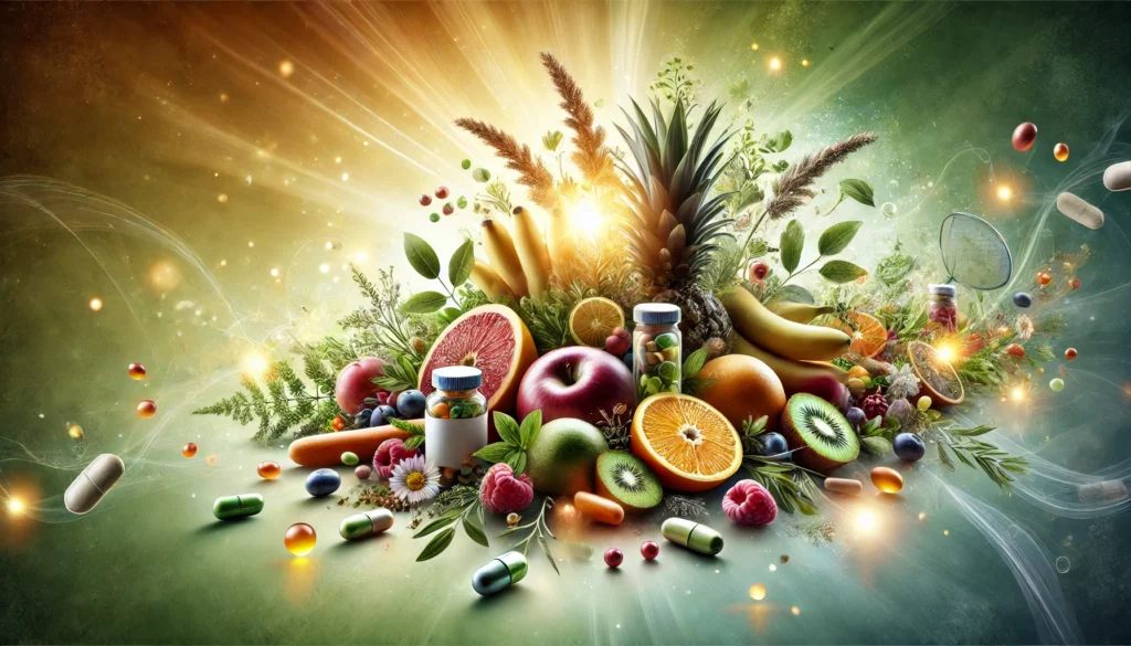 An artistic arrangement of health-boosting supplements, featuring fruits, herbal extracts, capsules, and essential oils, illuminated by radiant light to represent energy and well-being.