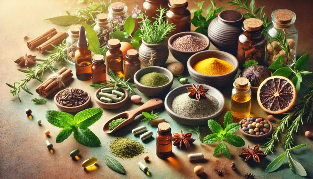 A flat-lay composition of natural supplements, including herbs, vitamins, powders, and oils, bathed in soft natural light to evoke nourishment, wellness, and balance.