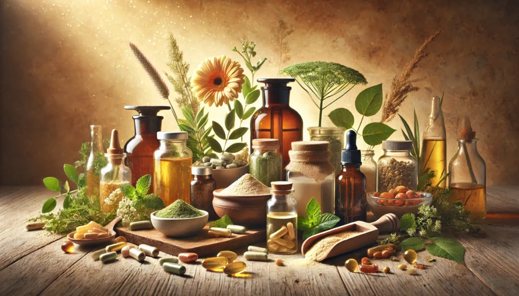 A serene still-life of herbal tinctures, vitamin capsules, nutrient-rich powders, and fresh plant extracts, set against earthy textures and warm lighting to represent vitality and holistic health.