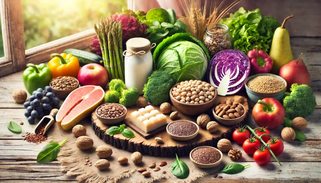 A vibrant selection of fresh, nutrient-rich foods displayed on a rustic wooden table, including soy-based products, flaxseeds, leafy greens, nuts, and colorful fruits. The natural lighting enhances the freshness, symbolizing the role of a healthy diet in managing menopause symptoms naturally.