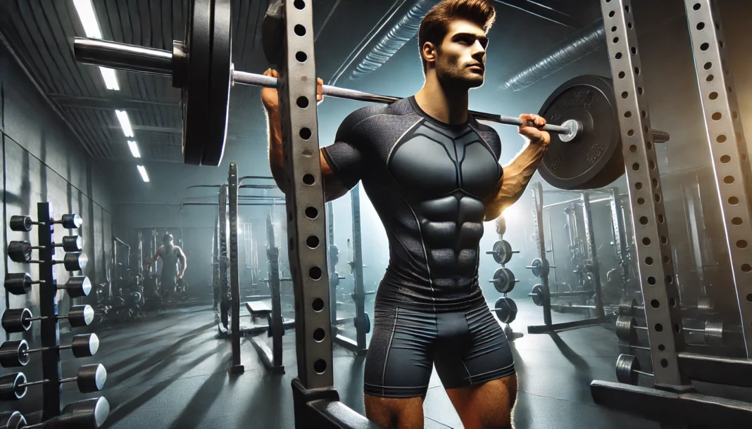 A muscular man in a gym, preparing to lift a barbell with proper form, engaging his core. Gym squat racks and mirrors in the background.