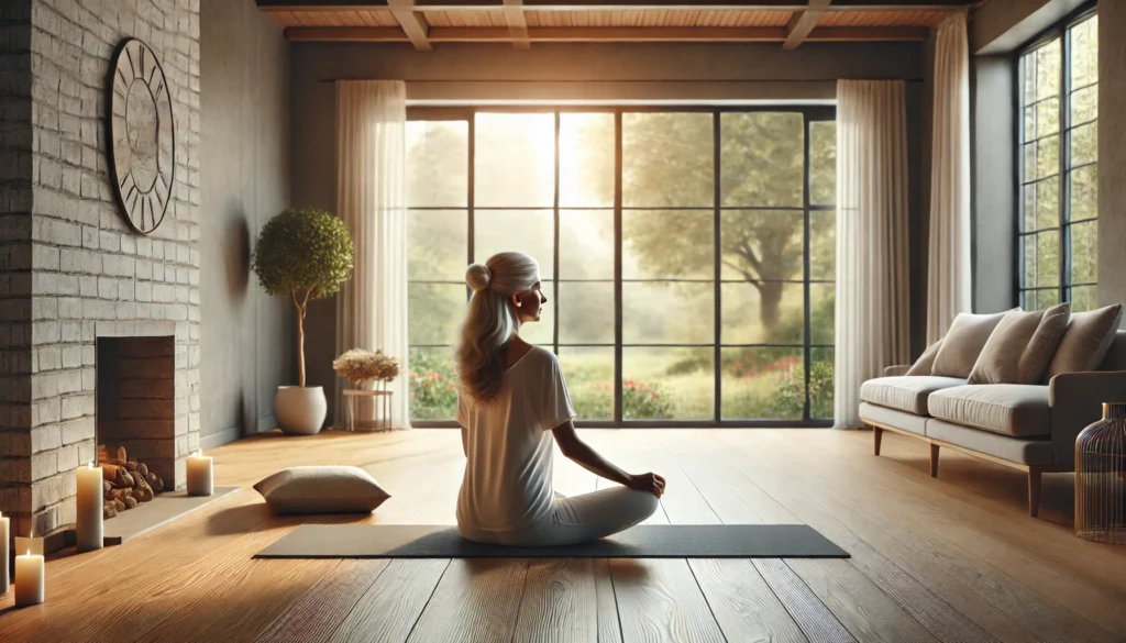 A serene yoga and meditation space where a middle-aged woman is practicing mindfulness. She sits cross-legged on a yoga mat in a softly lit room with natural wooden flooring and large windows that reveal a peaceful view of nature. This setting highlights the role of yoga and meditation in naturally alleviating menopause symptoms.