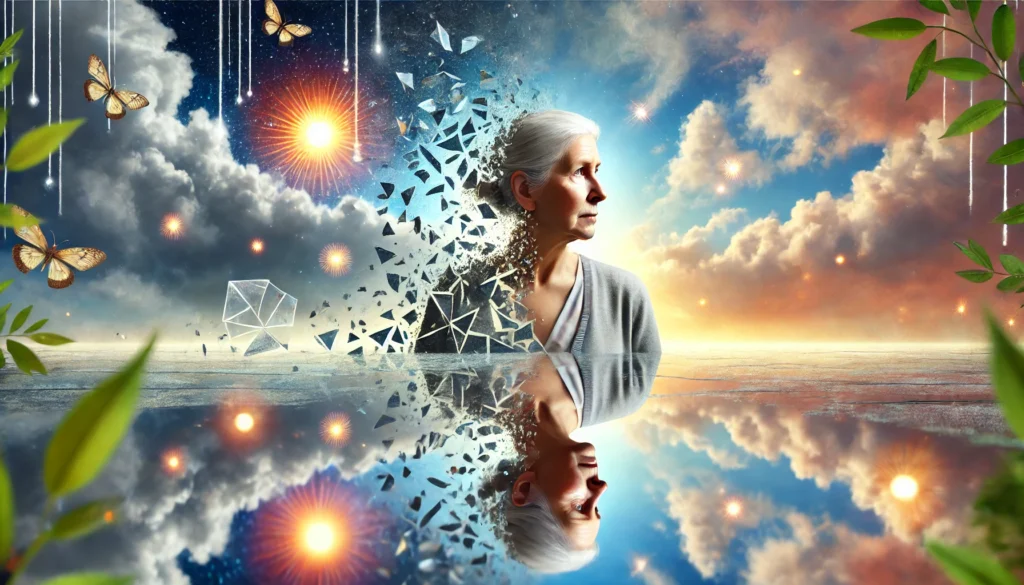  A surreal representation of perimenopause symptoms where a middle-aged woman stands near a water puddle, her reflection appearing fragmented and incomplete. The sky alternates between bright sunshine and dark storm clouds, representing sudden mood changes. Fireflies glow around her, symbolizing night sweats and hot flashes. The atmosphere is dreamlike and slightly floating.