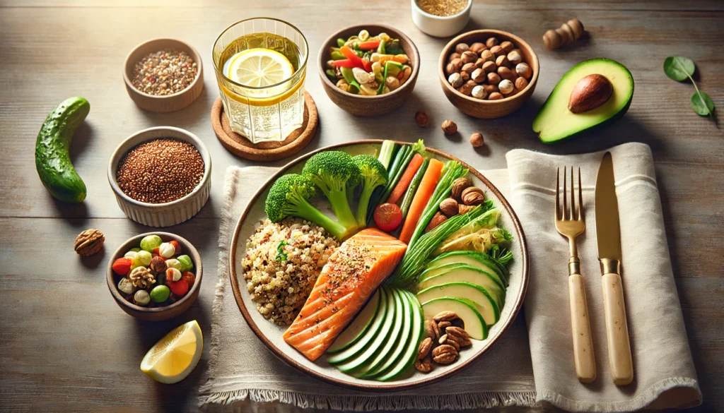 A top-down view of a nutritious menopause-friendly meal featuring grilled salmon, avocado, quinoa, and steamed vegetables, with a bowl of mixed nuts and lemon-infused water on a wooden dining table.