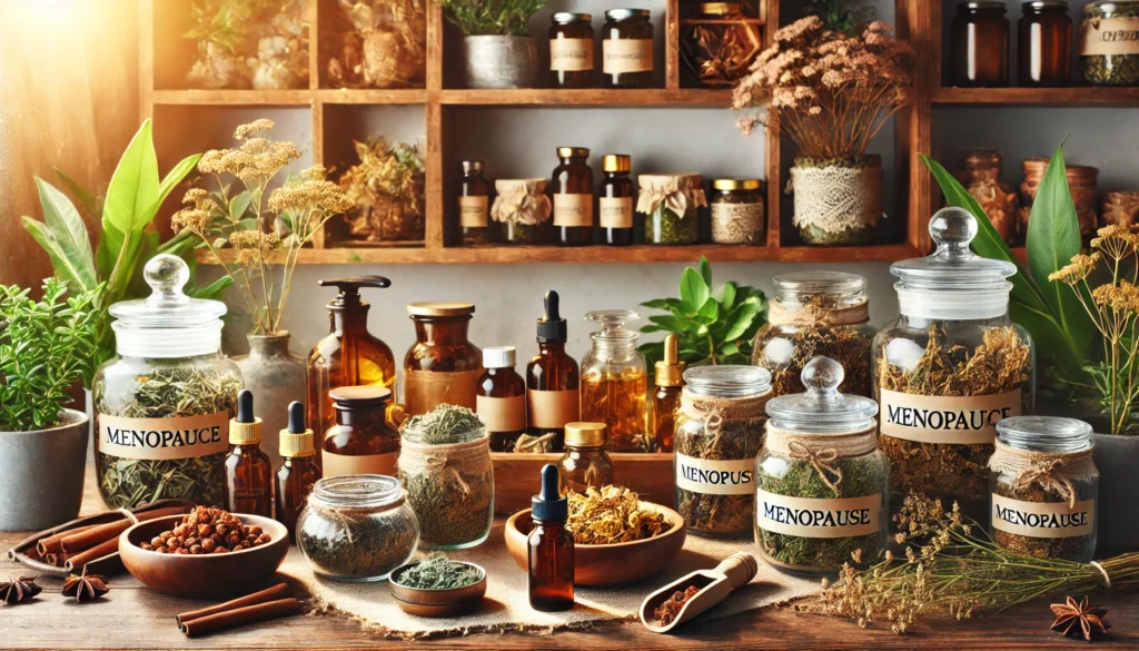 A cozy herbal apothecary filled with natural remedies for menopause, including dried herbs, essential oils, and tinctures. The wooden shelves, warm lighting, and fresh greenery create a soothing environment that represents holistic healing and alternative medicine for menopause relief.