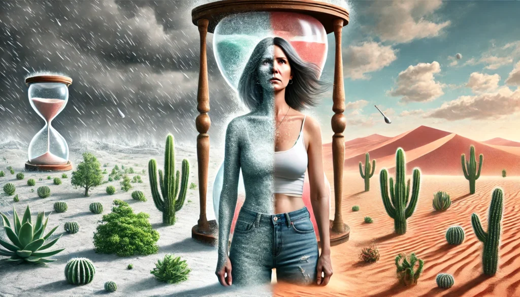  A metaphorical representation of perimenopause symptoms with a middle-aged woman standing in a desert landscape with patches of lush greenery. One side of her body is covered in icy frost, while the other side is sweating. Her head appears split—one half looks confused and foggy, the other frustrated and irritable. Above her, a giant hourglass slowly drips sand, symbolizing hormonal shifts and unpredictable time.
