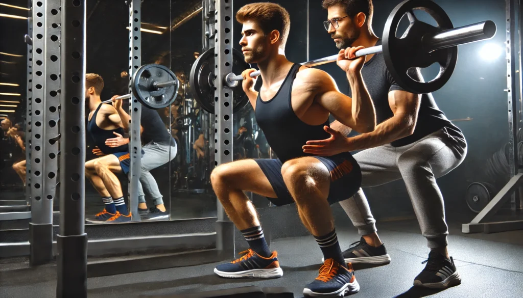 A fitness coach guiding a trainee on proper squat technique using a barbell, ensuring correct posture in a gym setting."