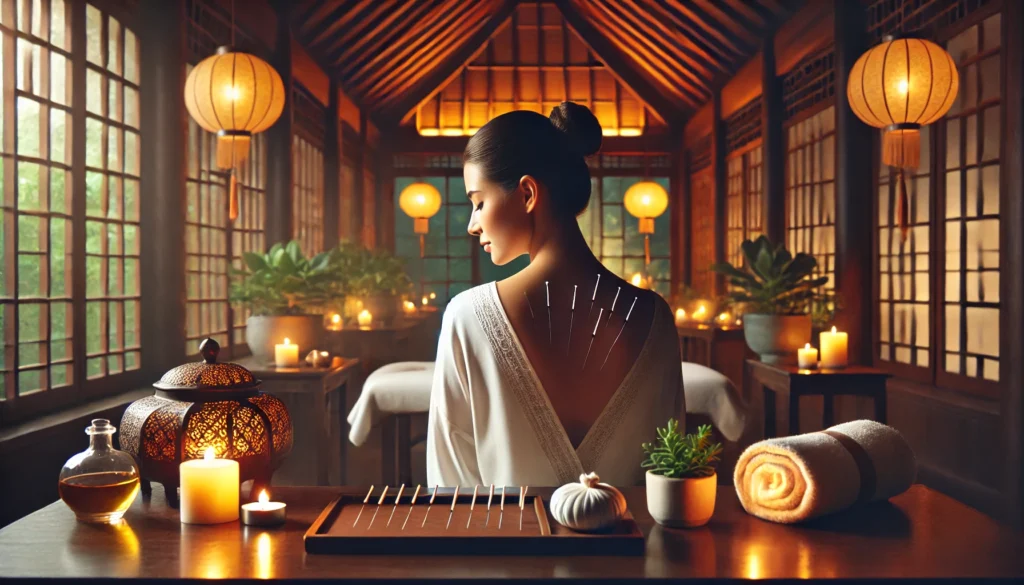 A peaceful spa setting with a woman receiving acupuncture therapy for menopause relief. The warm ambiance includes candles, soft lighting, and a tranquil atmosphere, symbolizing holistic wellness and natural healing.