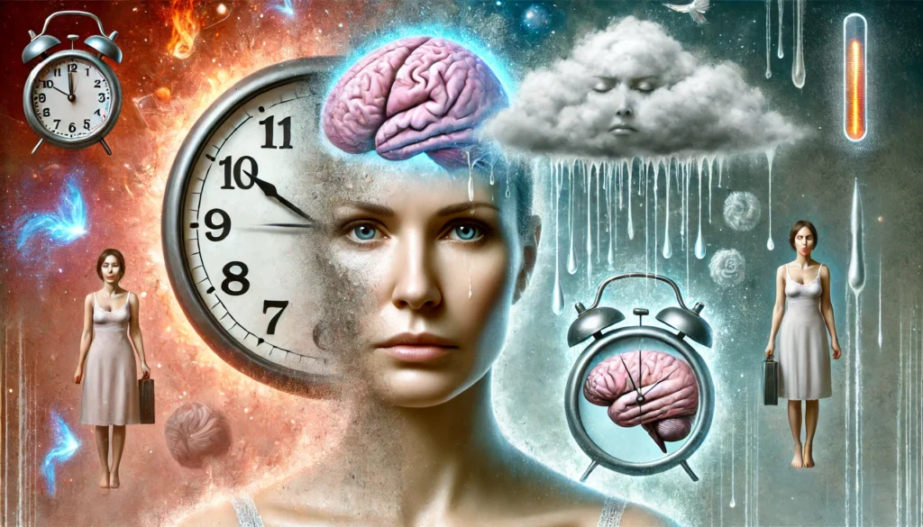  A surreal depiction of perimenopause symptoms featuring a middle-aged woman with one half of her face flushed and sweating while the other half is pale and cold. Floating around her are a melting clock symbolizing sleep disturbances, a misty brain representing brain fog, and a stormy cloud overhead to indicate mood swings. The background is dreamlike and slightly distorted.