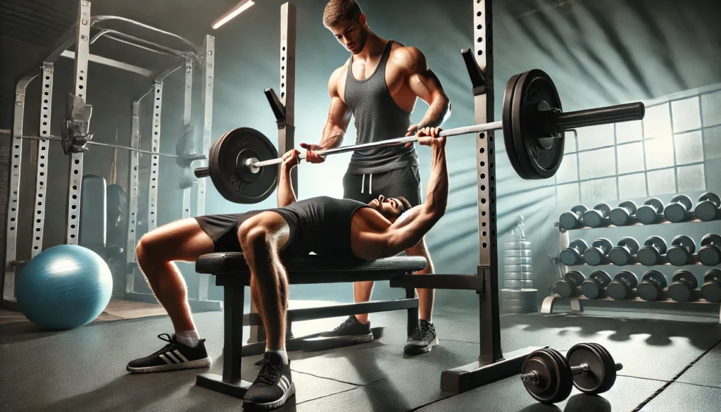 "A weightlifter performing a bench press with a spotter assisting for safety, focusing on muscle engagement and controlled movement."