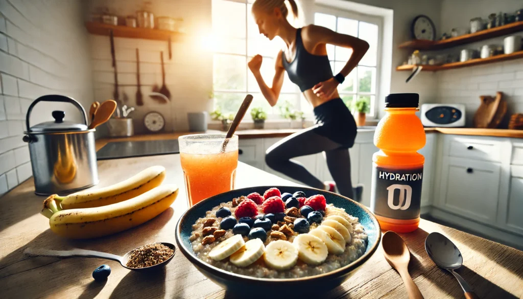 A high-energy pre-race meal preparation scene with a bowl of oatmeal topped with bananas, berries, and nuts, accompanied by a glass of hydration drink in a bright kitchen setting.