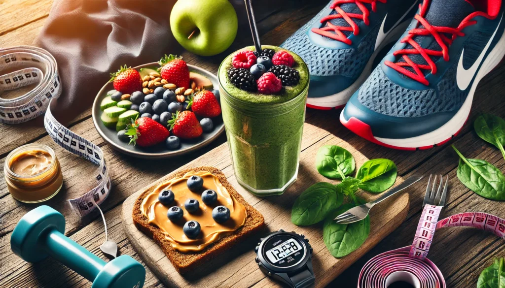 A dynamic post-run recovery meal with a protein smoothie, whole-grain toast with peanut butter, and mixed fruit, set against a backdrop of fitness gear on a wooden table.
