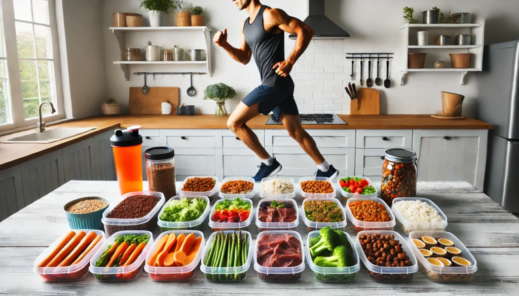 An inspiring meal prep scene for marathon runners featuring neatly arranged containers filled with lean proteins, complex carbohydrates like brown rice and sweet potatoes, and colorful vegetables on a clean kitchen countertop, highlighting disciplined nutrition planning.