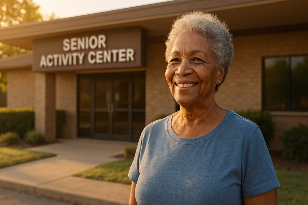 An elderly African American woman smiles warmly while standing outside a modern senior activity center on a clear morning. The soft natural light highlights her calm expression and the welcoming environment, promoting the theme of finding senior centers that support healthy aging in 2025.