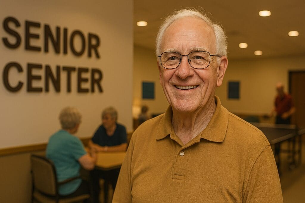  A senior Caucasian man with white hair and glasses stands peacefully in the softly lit interior of a senior center. The warm indoor lighting and inviting background scene of other elderly individuals engaging in activities emphasize the importance of finding a welcoming senior citizen center for healthy aging in 2025.