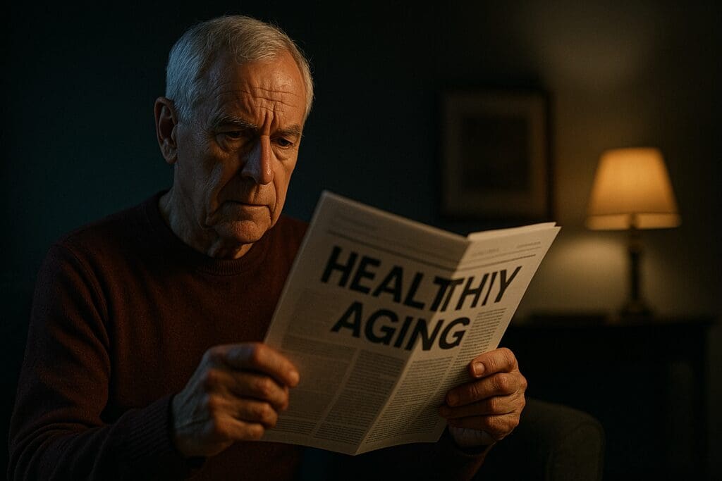 A photorealistic image of an elderly Caucasian man reading a newspaper with a “HEALTHY AGING” headline in a moody, dimly lit room. The dramatic shadows and warm lighting from a nearby lamp emphasize a contemplative atmosphere, reflecting the thoughtful journey of choosing a supportive senior center for aging well in 2025.




