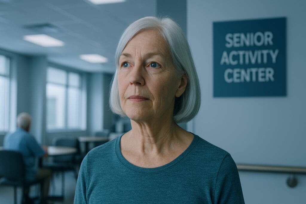 A serene senior woman with white hair gazes thoughtfully inside a senior activity center under cool clinical lighting. The minimalist, modern environment and focused expression reinforce the theme of finding thoughtfully designed senior centers that support mental wellness and healthy aging in 2025.