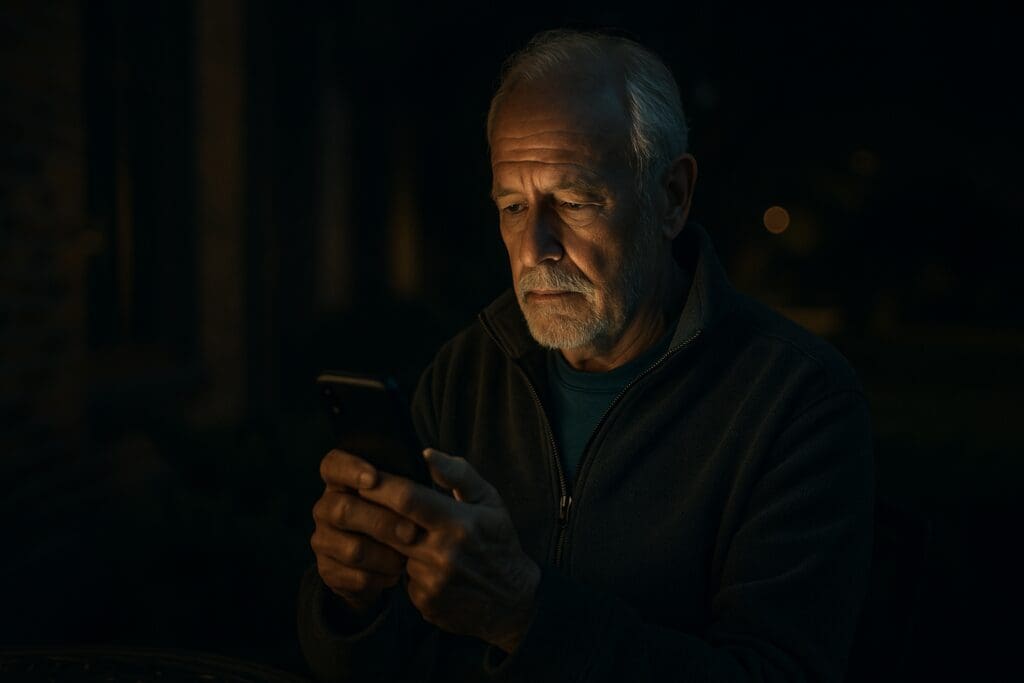 An older man with a thoughtful expression uses his smartphone outside at night, the device’s glow illuminating his face. This moody, contemplative scene reflects how seniors can discreetly explore nearby events, volunteer opportunities, or social gatherings using mobile apps or online platforms.