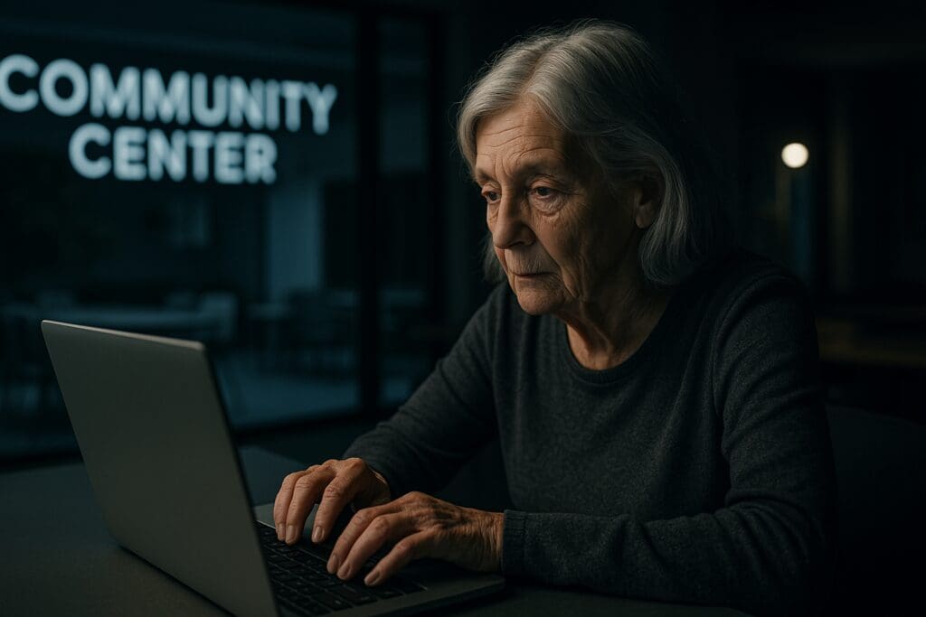 An elderly woman sits in a dimly lit community center at night, bathed in cool lighting as she types on a laptop, possibly researching local classes or support groups for older adults. The glowing "Community Center" sign in the background reinforces the theme of accessible events for senior citizens.

