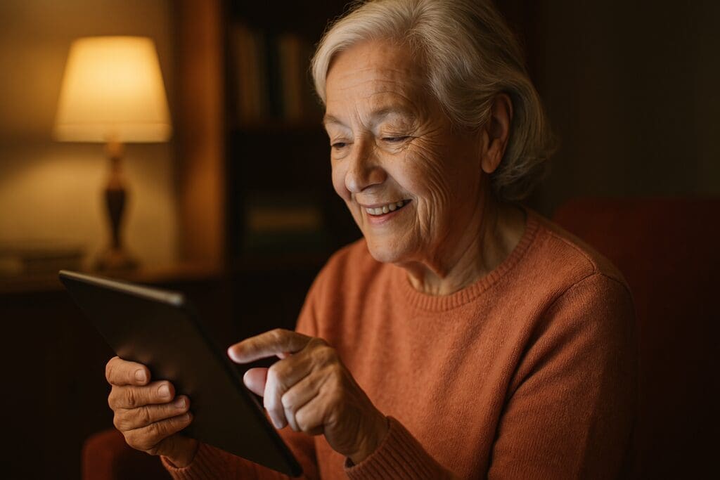 An older woman with white hair and a gentle smile uses a digital tablet in a warmly lit living room, suggesting she’s browsing indoor wellness programs or hobby meetups for seniors near her. The ambient light and homey setting convey a cozy, tech-savvy approach to senior community connection.

