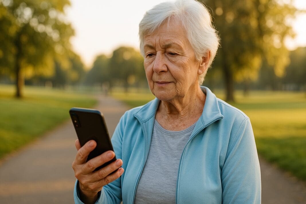 A senior woman in athletic wear stands alone in a quiet morning park, looking at her smartphone with focus and calm. The soft golden light of early day highlights her as she searches for local senior-friendly events, symbolizing wellness and community engagement in 2025.