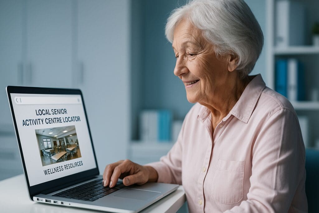 A senior woman with white hair and a pink shirt sits at a sleek desk in a cool, clinical setting, smiling gently while searching for a “local senior activity centre locator” on her laptop; the clean, modern environment and her focused demeanor highlight the digital tools available to help older adults find trusted wellness resources near them.