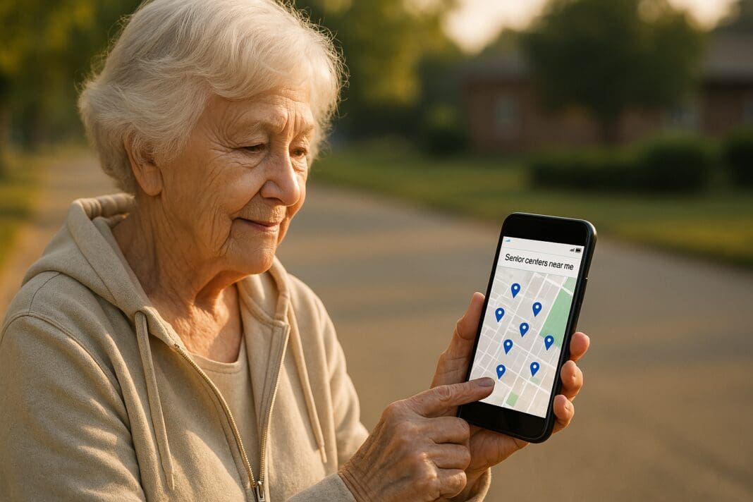 An elderly woman with white hair and a beige hoodie stands outdoors in soft natural morning light, smiling as she uses her smartphone to search “senior centers near me,” with a visible map displaying blue location pins; the warm, peaceful setting and her engaged expression evoke the ease of finding trusted local senior centers through mobile wellness resources.