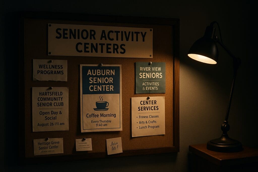 A bulletin board labeled “Senior Activity Centers” is softly illuminated by a desk lamp, casting moody shadows on pinned flyers for events like wellness programs, social clubs, and fitness classes; the dramatic lighting and clean layout highlight community-based senior resources available to help older adults find free, trusted activity centers nearby.