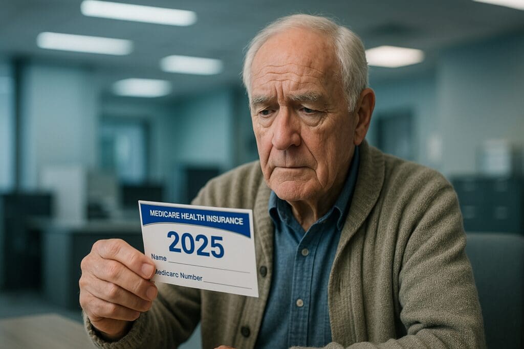 An elderly Caucasian man in a modern office setting examines a 2025 Medicare Health Insurance card with a concerned expression under cool clinical lighting. The scene highlights senior citizens' access to financial assistance and essential government healthcare support programs in 2025.