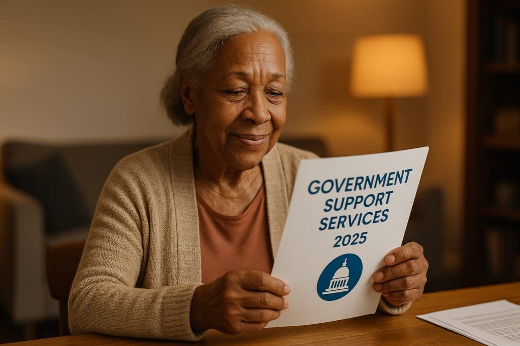 An elderly African American woman sits at a wooden table in her softly lit living room, reading a “Government Support Services 2025” brochure with a calm, focused expression. The warm indoor ambient lighting and relaxed setting convey the accessibility of financial assistance programs and free senior services available to older adults.