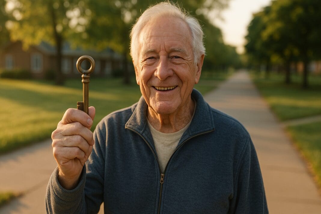 An elderly man stands in a quiet suburban park during early morning, holding an antique brass key and smiling warmly. The soft natural light highlights his face and symbolizes access to free senior services and financial assistance programs for older adults in 2025.